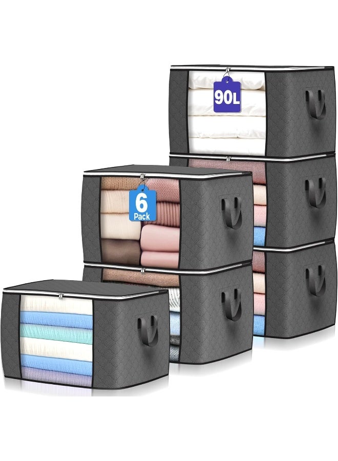 Budding Joy 90 L Large Storage Bags, 6 Pack Clothes Storage Bins Foldable Closet Organizers Storage Containers with Reinforced Handle for Clothing, Blanket, Comforters, Bed Sheets, Pillows and Toys (Gray) - Image 1